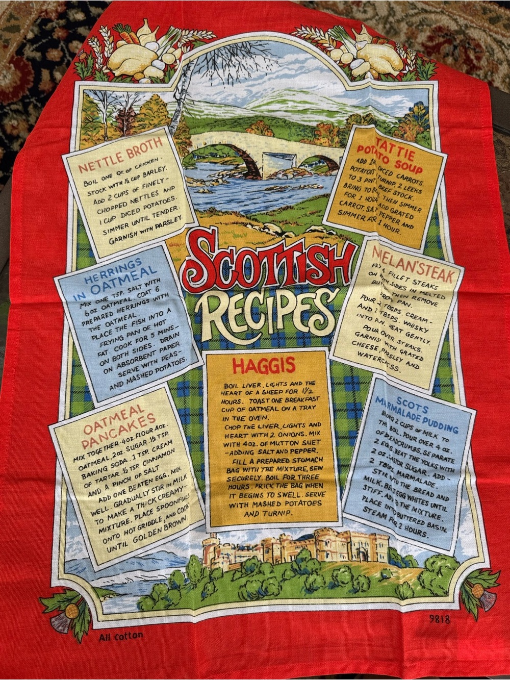 Vintage Tea Towel UK Cotton NEW Scottish Recipes Food Haggis Kitchen Orange